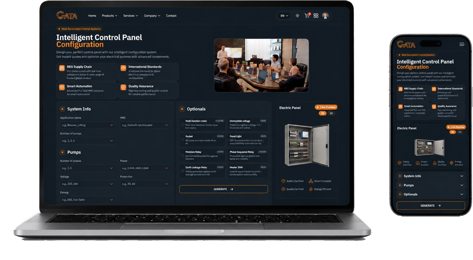 GATA online control-panel configurator with live pricing on laptop and mobile
