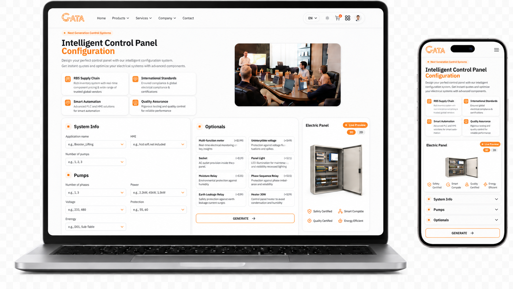 GATA online control-panel configurator with live pricing on laptop and mobile